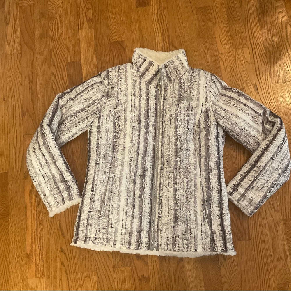 The North Face White and Gray Striped Ski Jacket